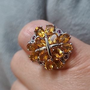 Yellow Citrine Rhodolite Garnet .925 Sterling Silver Ring